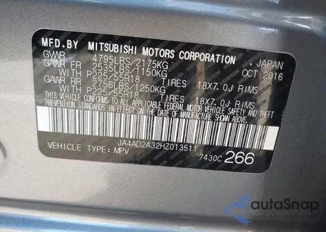 2017 Mitsubishi Outlander Es from USA, damaged, VIN JA4AD2A32HZ013511
